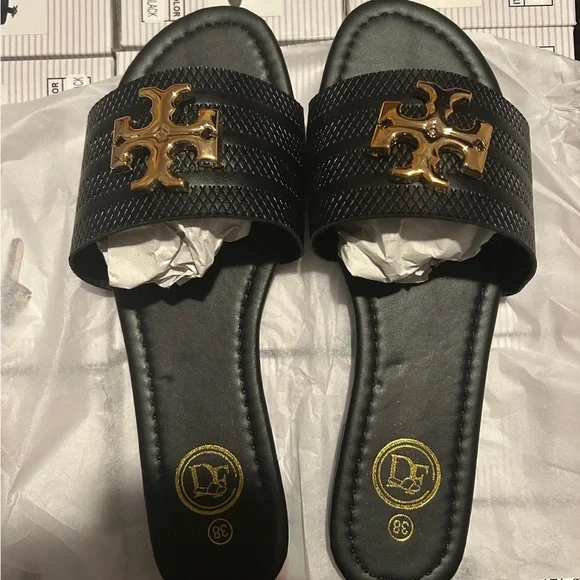 Women’s Black Slide Sandals with Gold Logo Accent - Picture 1 of 1